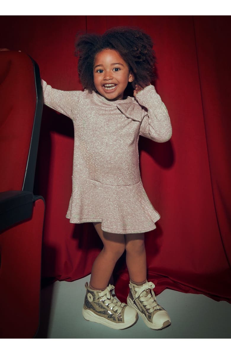 Mayoral Velvet Pleated Dress with Shoulder Bow, Alternate, color, Beige