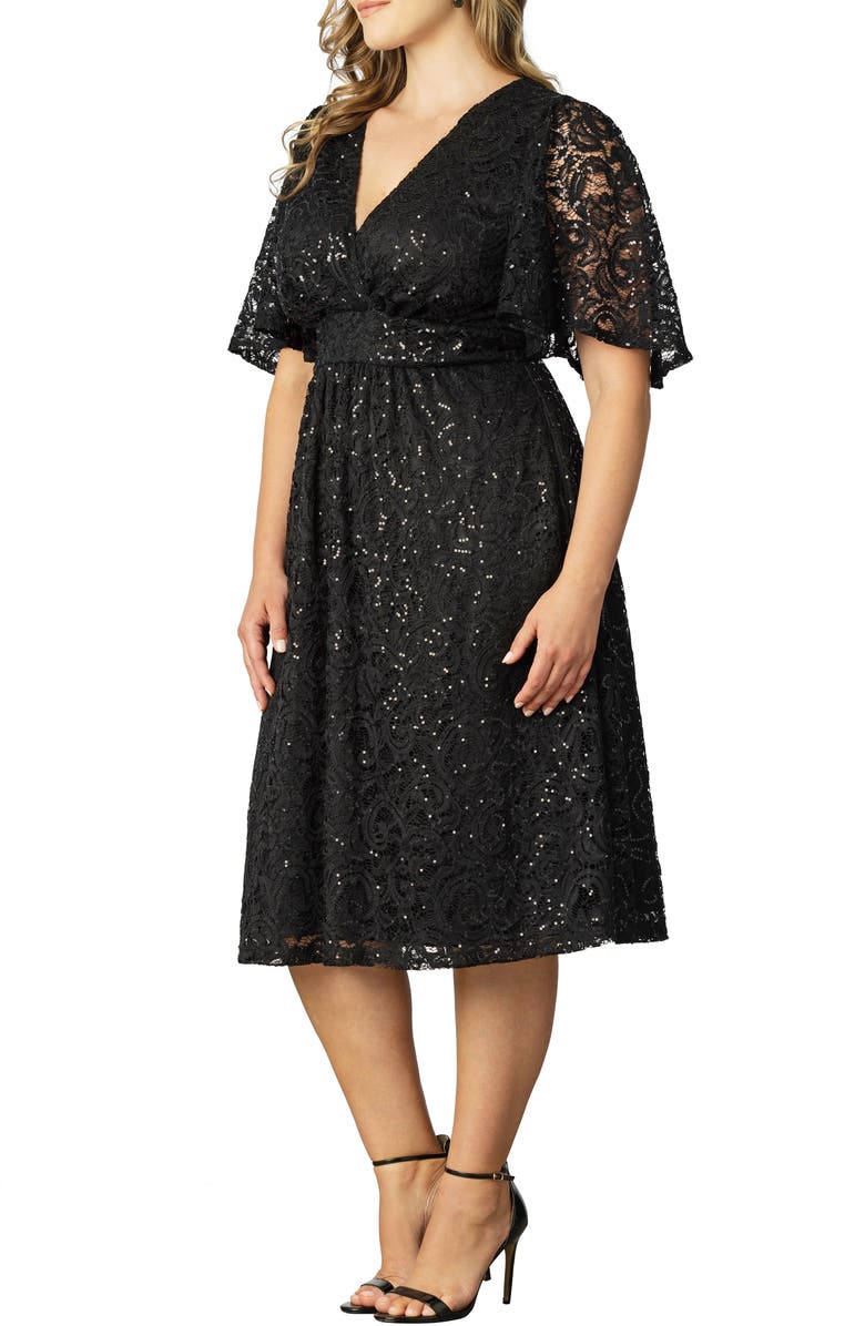 Kiyonna Starry Sequin Lace Fit & Flare Cocktail Dress, Alternate, color, Onyx