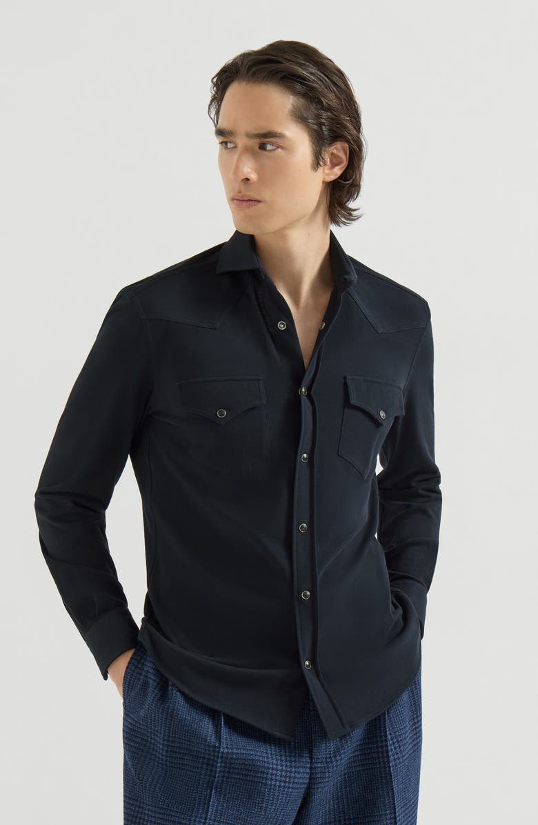 Brunello Cucinelli Cotton piqué western shirt, Main, color, Navy Blue