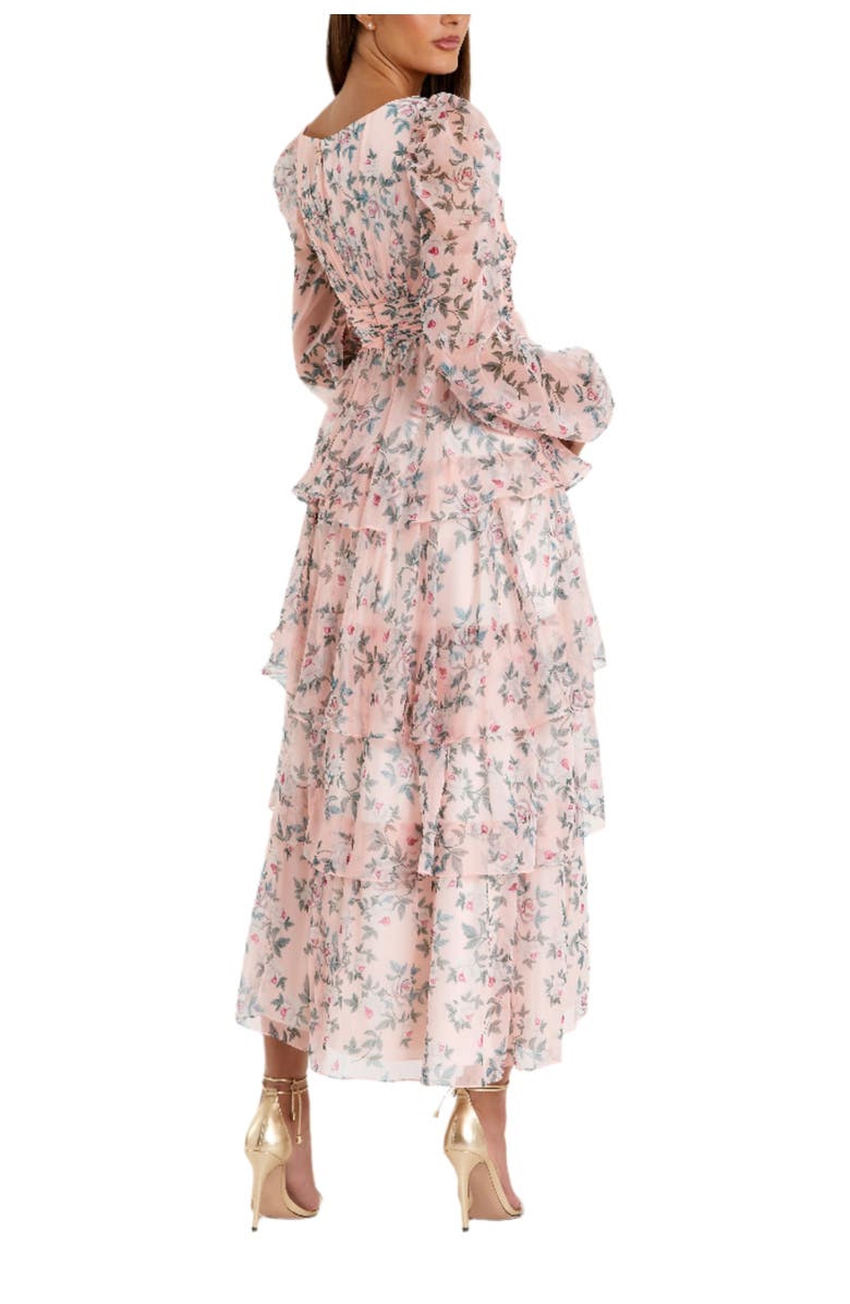 Mac Duggal Elegant Puff Sleeve Floral Midi Dress with A-Line Silhouette and Side Pockets, Alternate, color, Blush Multi