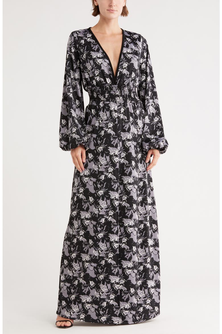 Long Sleeve Maxi Dress, Main, color, BLACK WHITE GREY FLORAL