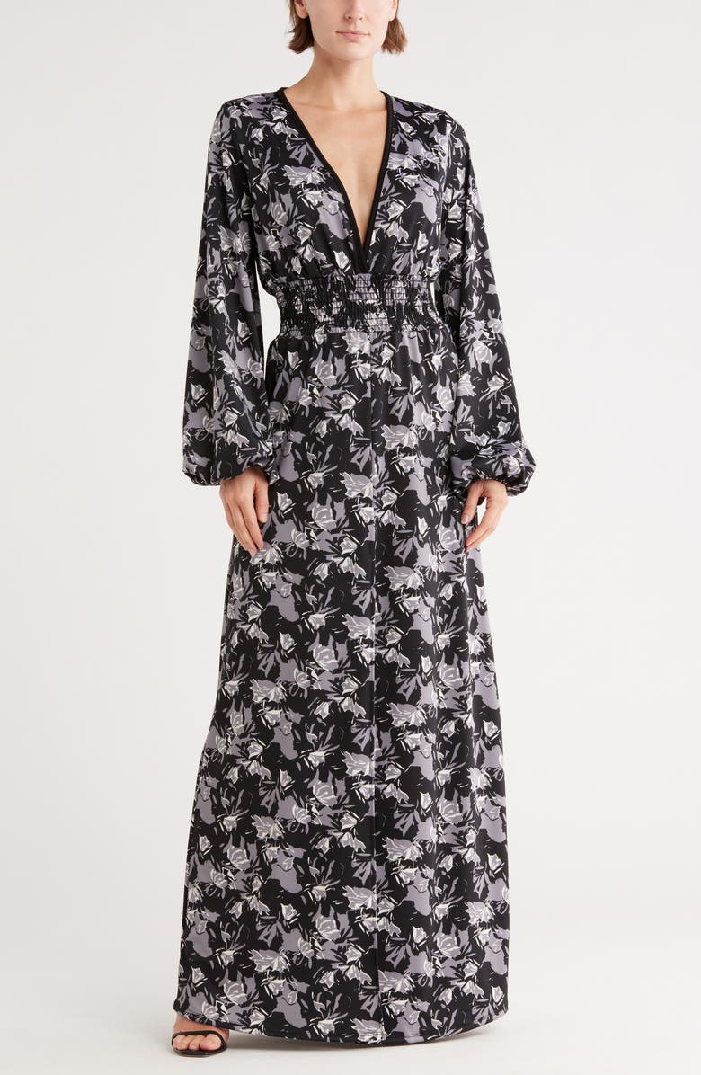 GO COUTURE Long Sleeve Maxi Dress, Main, color, Black White Grey Floral