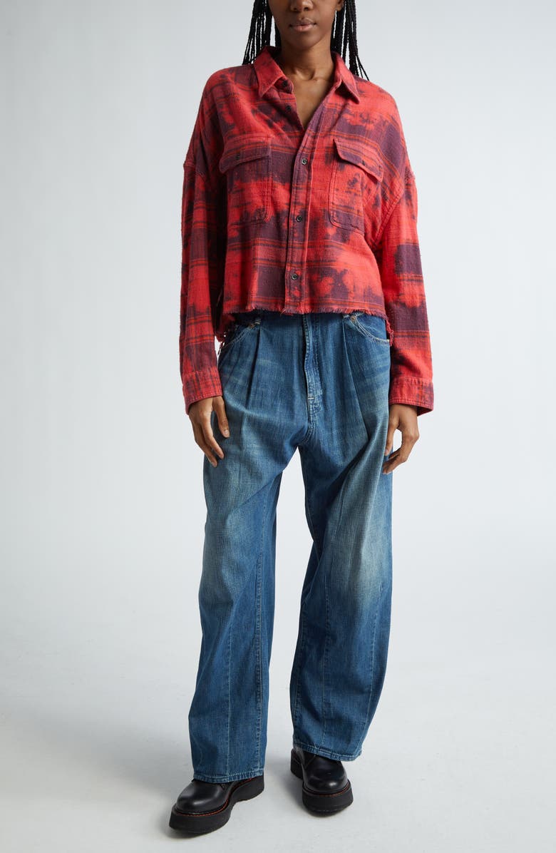 R13 Distressed Plaid Crop Cotton Flannel Workshirt, Alternate, color,