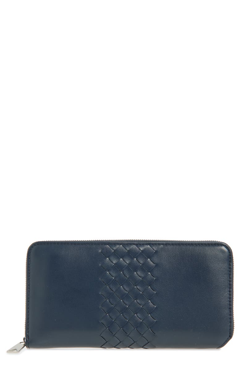 Bottega Veneta Piccolo Intrecciato Leather Zip Wallet, Main, color, 4035 Neptune-Silver