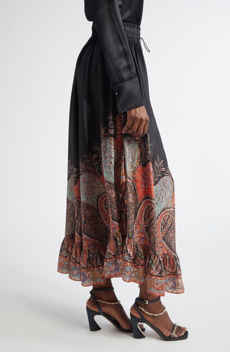 Zimmermann Rhiannon Paisley Print Ruffle Silk Maxi Skirt, Alternate, color, Black Paisley
