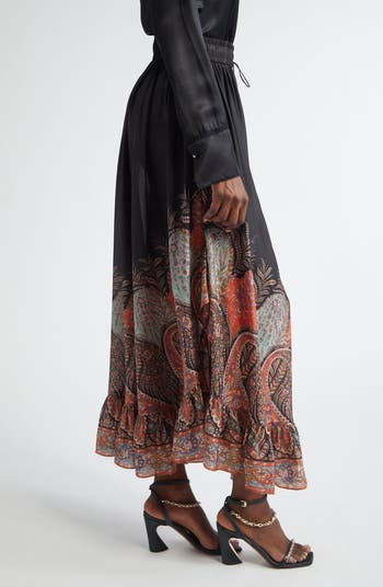 Zimmermann Rhiannon Paisley Print Ruffle Silk Maxi Skirt