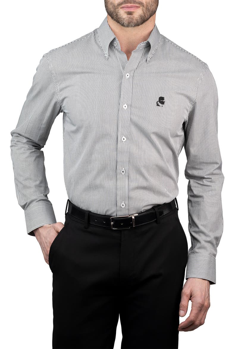 Trim Fit Stripe Cotton Dress Shirt, Main, color, BLACK WHITE