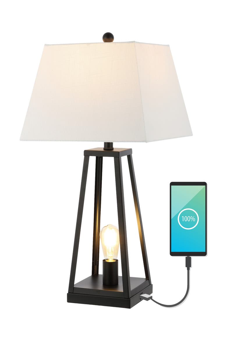 Waylon 28.5" Classic Industrial Iron Nightlight LED Table Lamp with USB Charging Port, Black, Main, color, Black