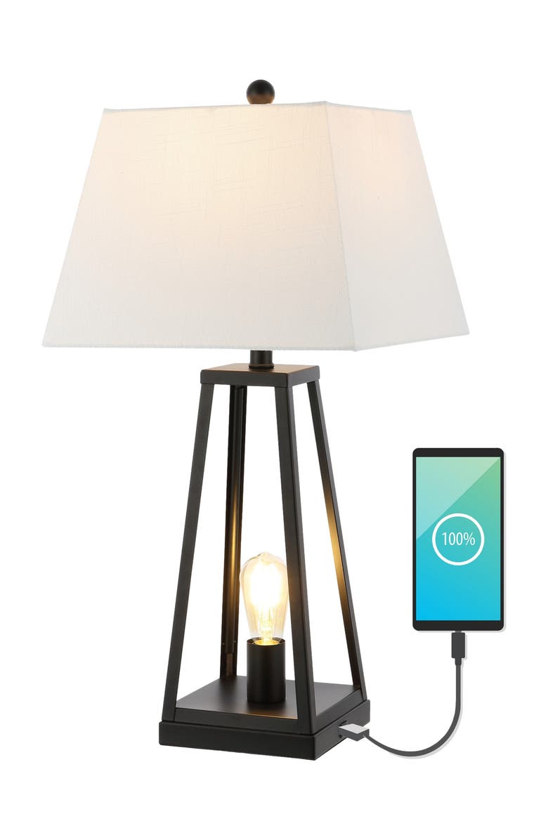 JONATHAN Y Waylon 28.5" Classic Industrial Iron Nightlight LED Table Lamp with USB Charging Port, Black, Main, color, 