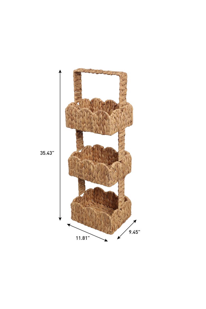 Terra Coastal Handwoven Water Hyacinth 3-Tier Scalloped Basket Freestanding Storage Tower Stand with Top Handle, Alternate, color, Natural