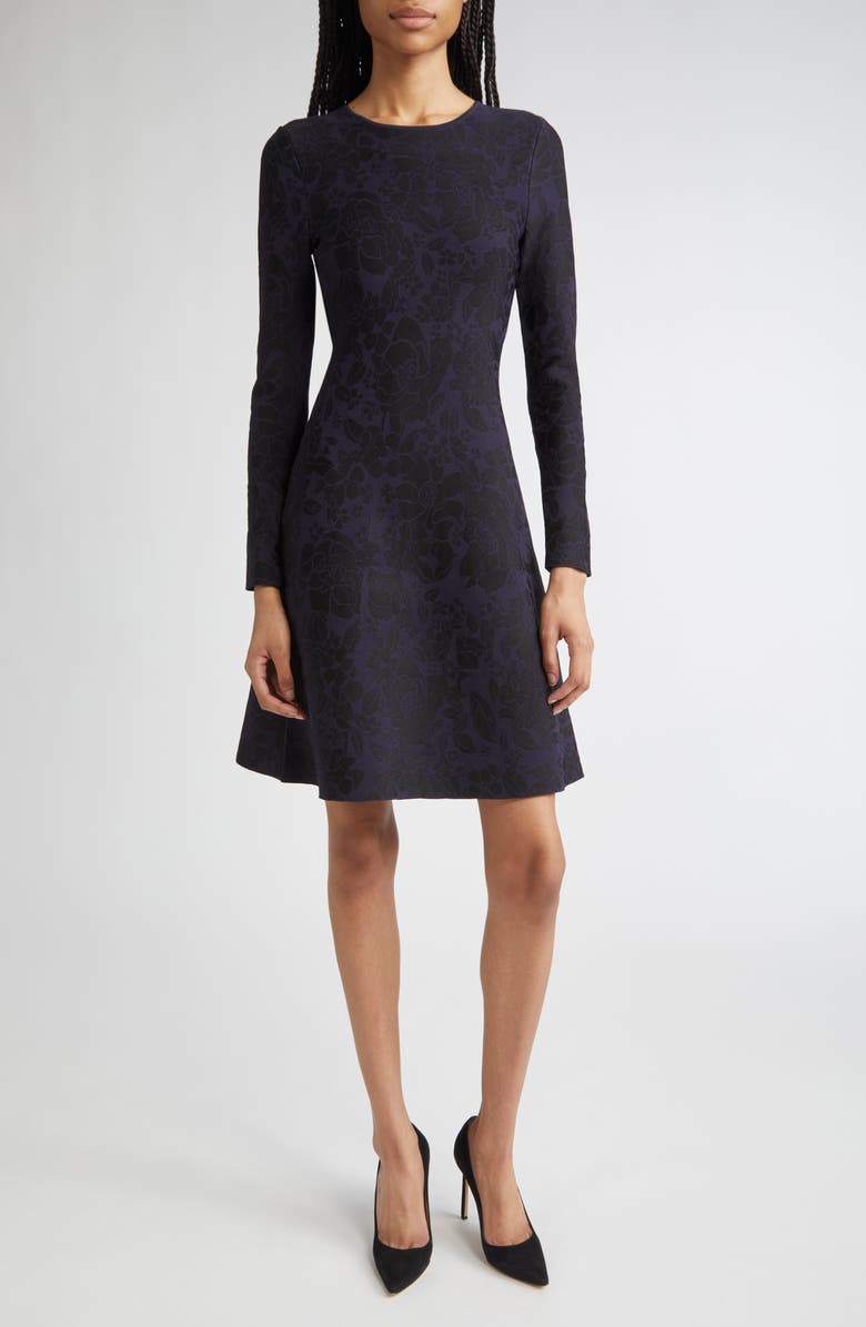 Lela Rose Long Sleeve Floral Jacquard Minidress, Main, color, Navy/ Black