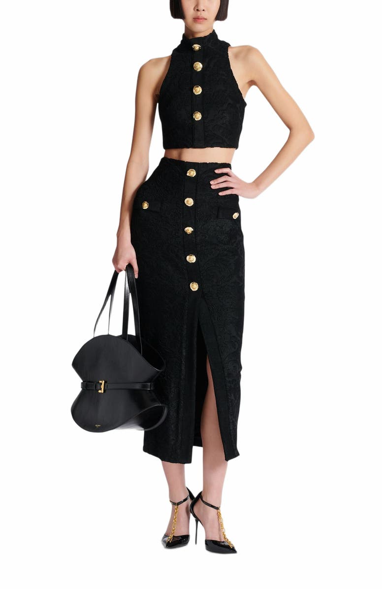 Balmain Baroque Pattern Midi Skirt, Alternate, color, Black