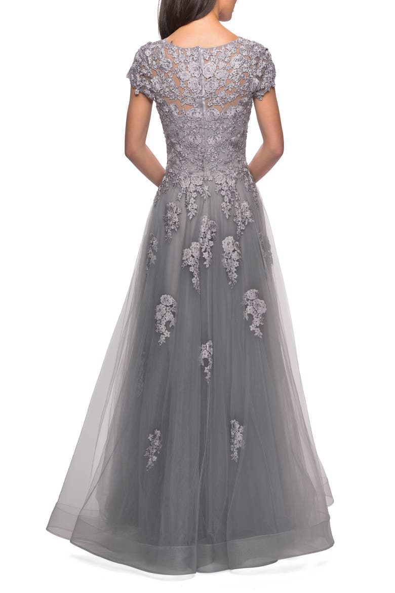 Long Tulle Gown with Intricate Lace Detailing, Alternate, color, Silver