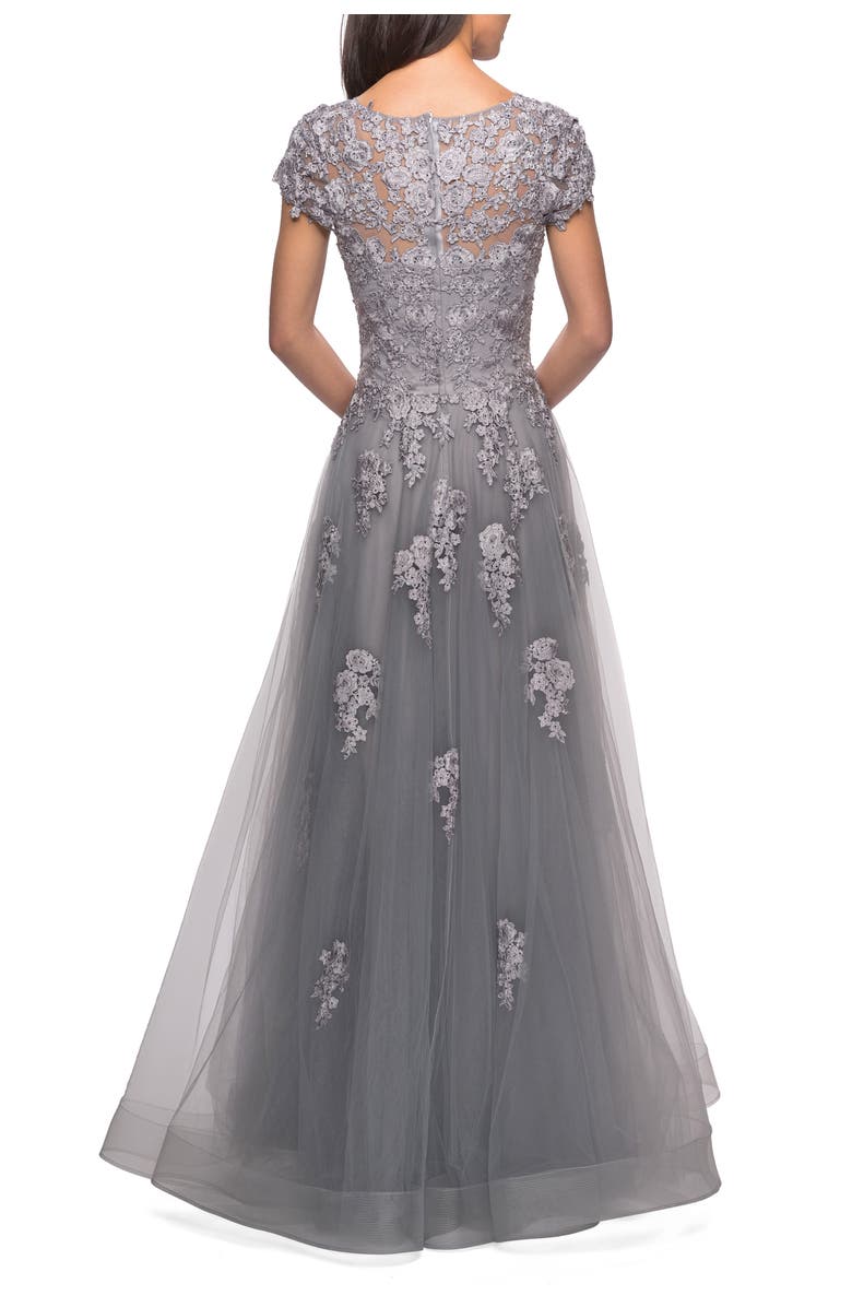 La Femme Long Tulle Gown with Intricate Lace Detailing, Alternate, color, Silver