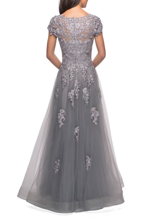La Femme Long Tulle Gown With Intricate Lace Detailing In Silver