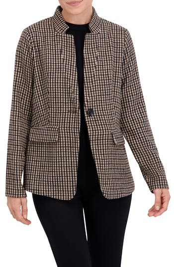 Ookie & Lala Houndstooth Inverted Notch Lapel Blazer In Brown