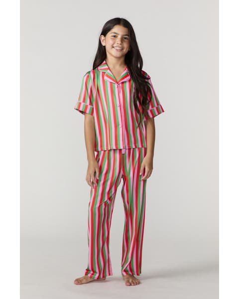 Kids Silky Christmas Candy Stripe Short Sleeve Pant Set