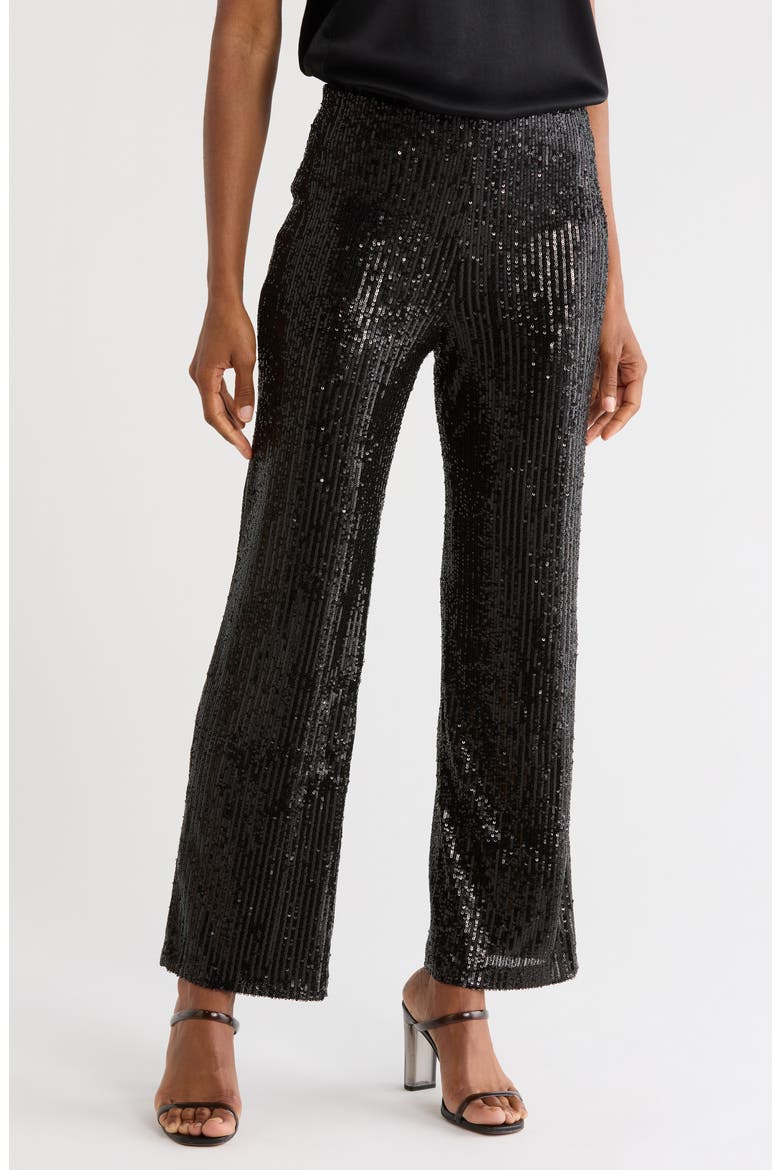 Disco Sequin Straight Leg Pants, Main, color, BLACK