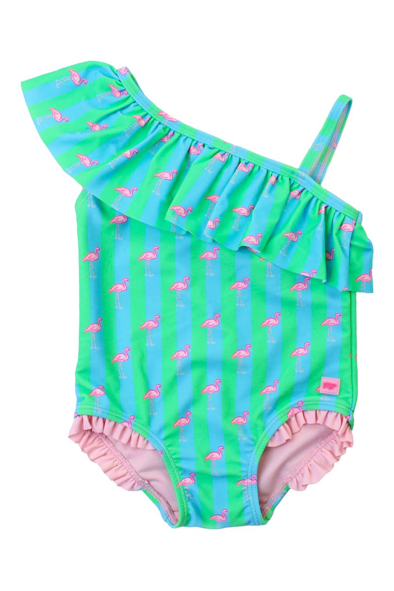 Kids' Neon Flamingo Stripe One-Shoulder One-Piece Swimsuit, Main, color, GREEN