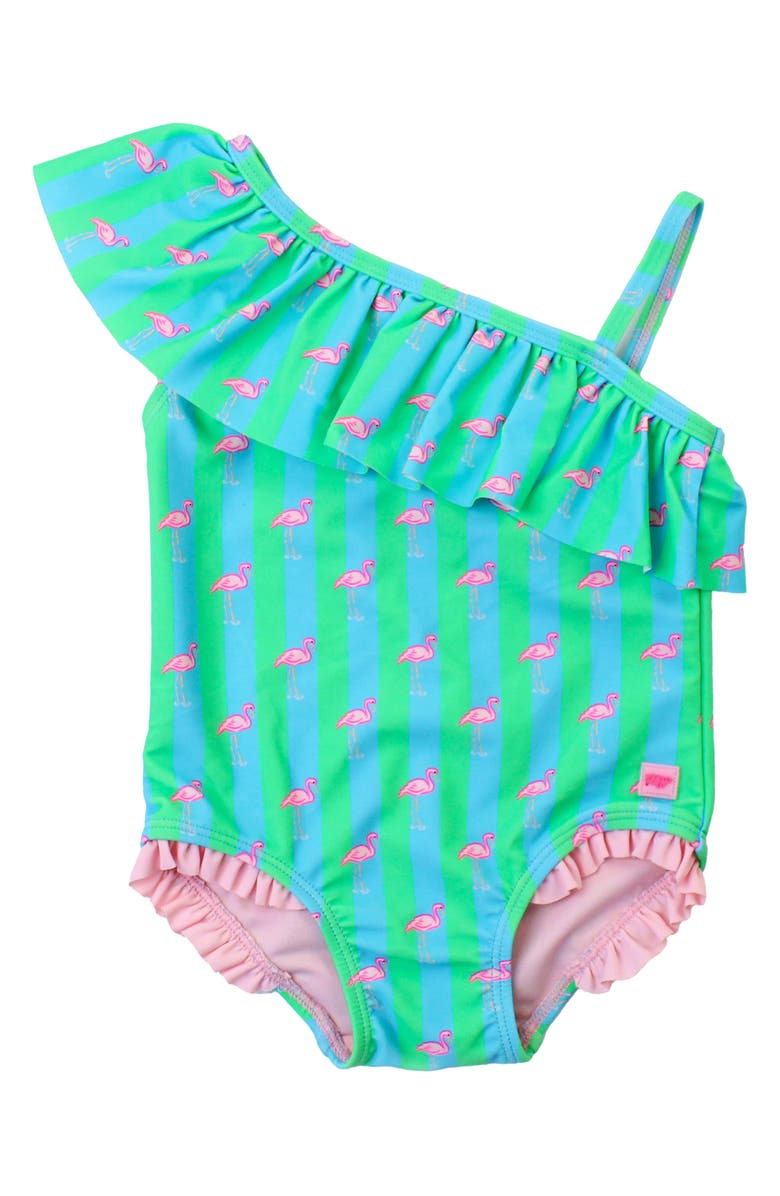 RuffleButts Kids' Neon Flamingo Stripe One-Shoulder One-Piece Swimsuit, Main, color, Green
