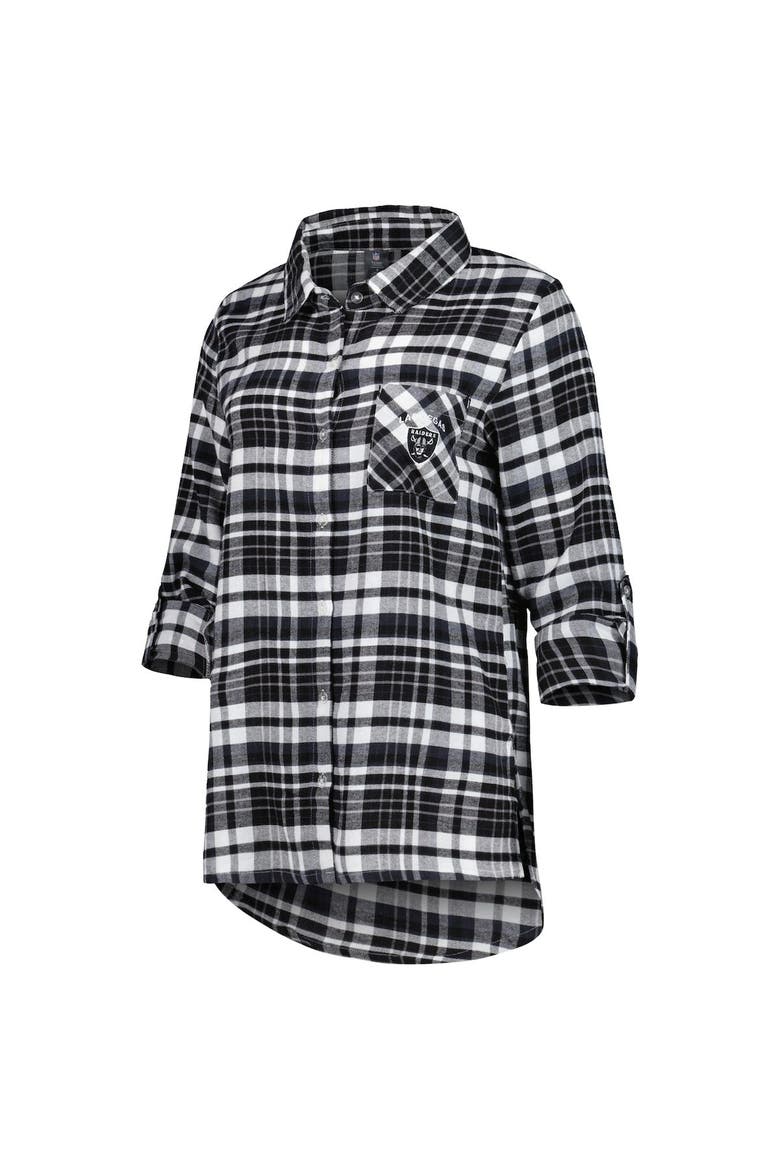 Women's Concepts Sport Black Las Vegas Raiders Mainstay Plaid Full-Button Long Sleeve Nightshirt, Alternate, color, Black