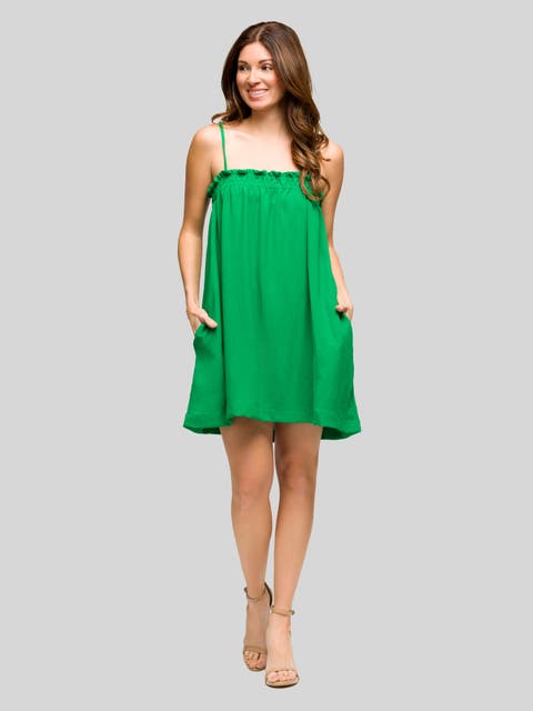 Square Neck Spaghetti Strap Smocked Pocket Mini Dress