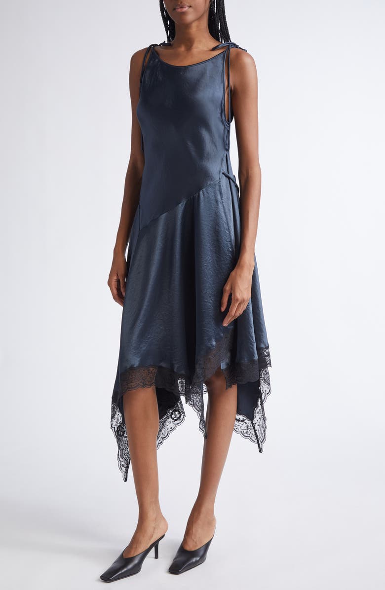 Acne Studios Doyla Lace Trim Crinkled Satin Asymmetric Dress, Alternate, color, Petrol Blue