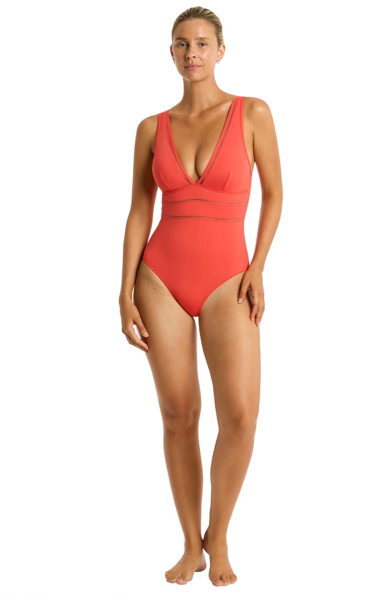 Sea Level Spliced Plunge One-Piece, Alternate, color, Flame