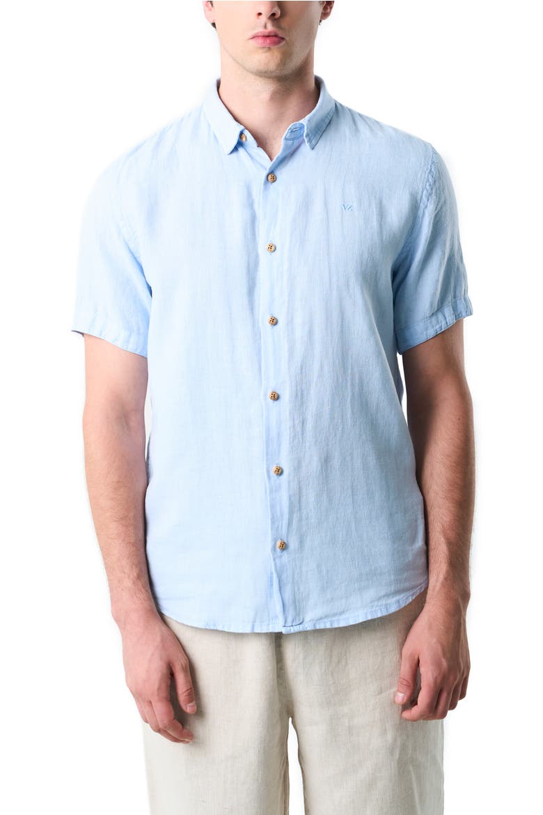 Men Short-Sleeve Linen Shirt with VZ Embroidery., Main, color, Blue