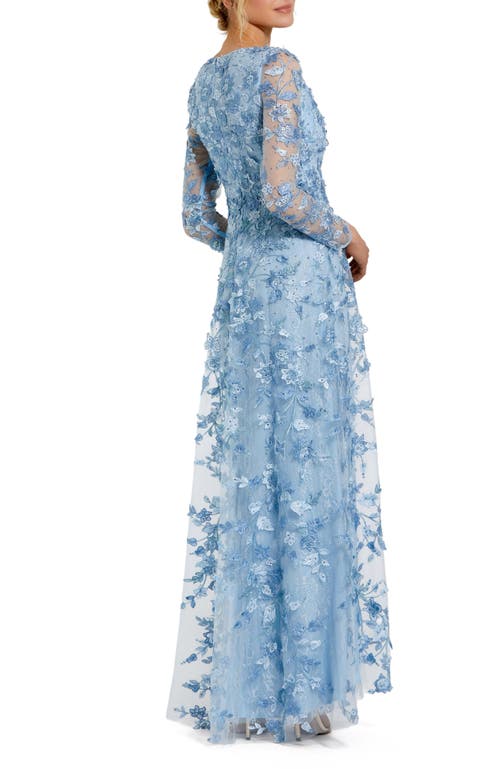 Mac Duggal Floral Applique Long Sleeve Illusion Gown In Powder Blue