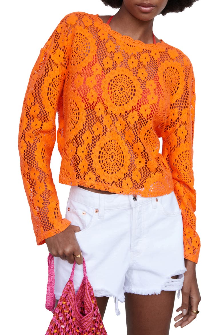 Openwork Long Sleeve Top, Main, color, ORANGE