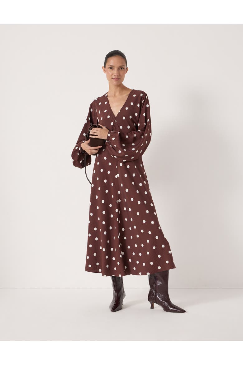 Grace V-Neck Long Sleeve Dress, Main, color, Polka Dot Brown