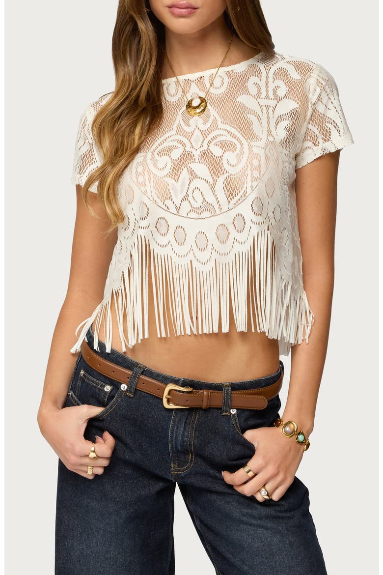 Kira Sheer Lace Fringe Crop T-Shirt, Main, color, CREAM