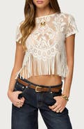 EDIKTED Kira Sheer Lace Fringe Crop T-Shirt