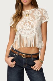 EDIKTED Kira Sheer Lace Fringe Crop T-Shirt