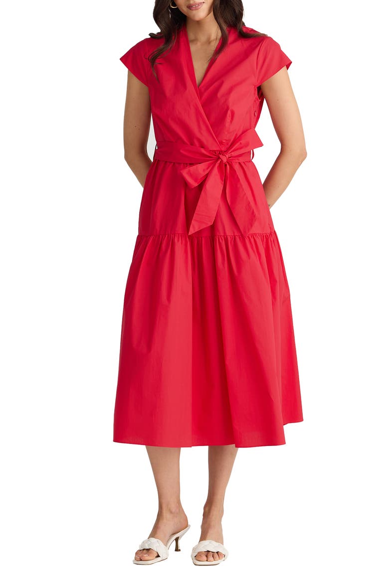 Posey Wrap Front Tiered Cotton Dress, Main, color, CHILLI