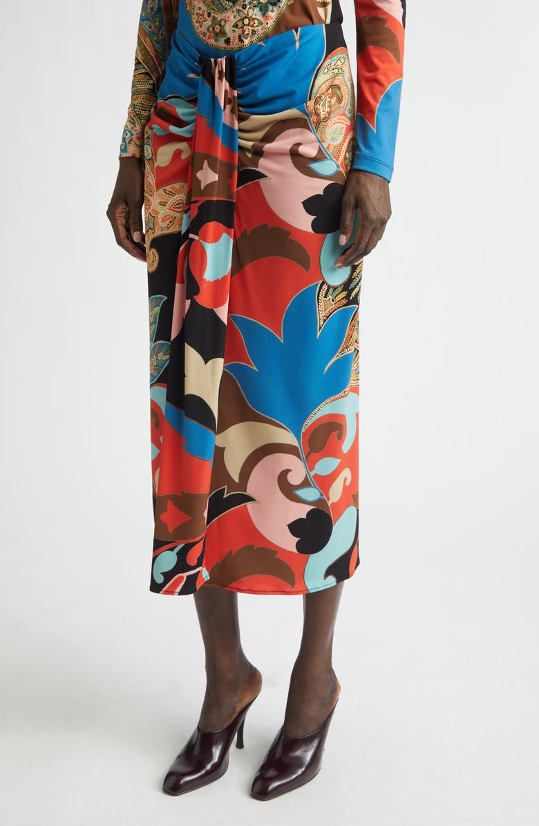 Etro Paisley Lotus Print Knot Front Midi Pencil Skirt, Alternate, color, Red