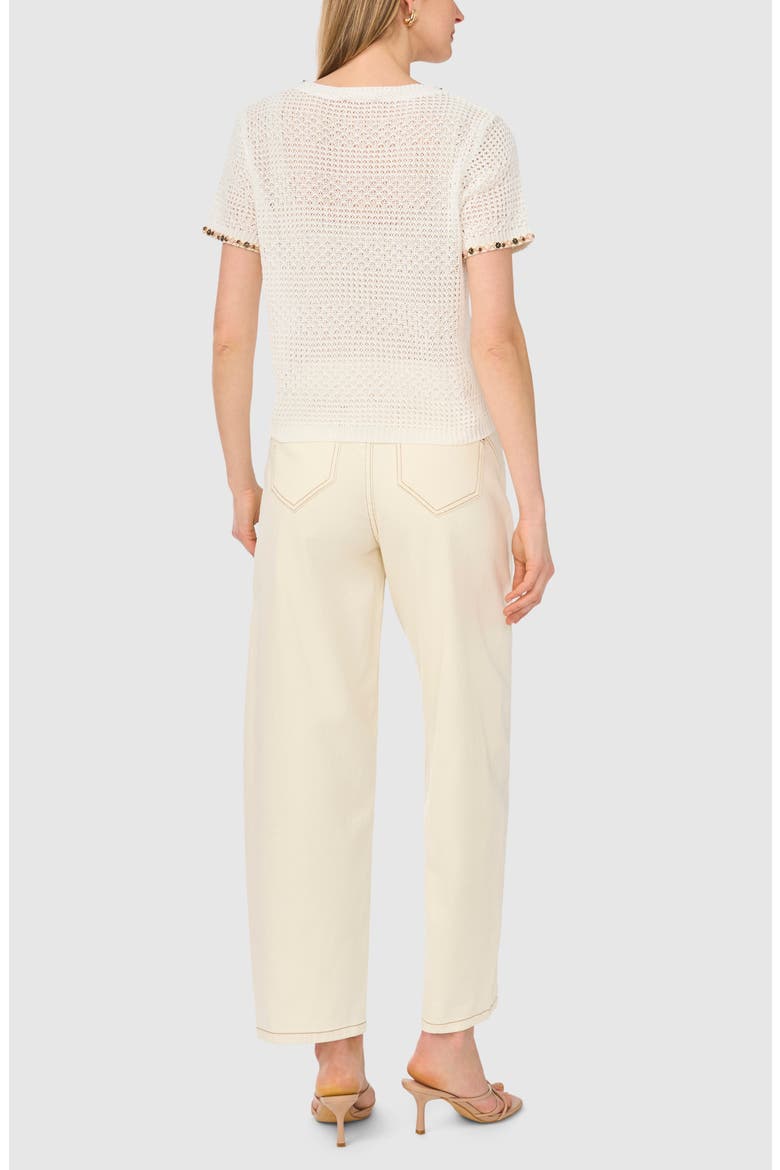 Beaded Short Sleeve Pointelle Sweater, Alternate, color, ANTIQUE WHITE
