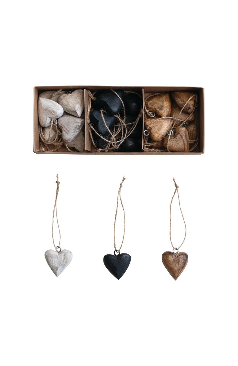 Storied Home 24-Piece Mango Wood Heart Ornaments with Jute Hangers, Natural, Black and Whitewashed, Main, color, Black