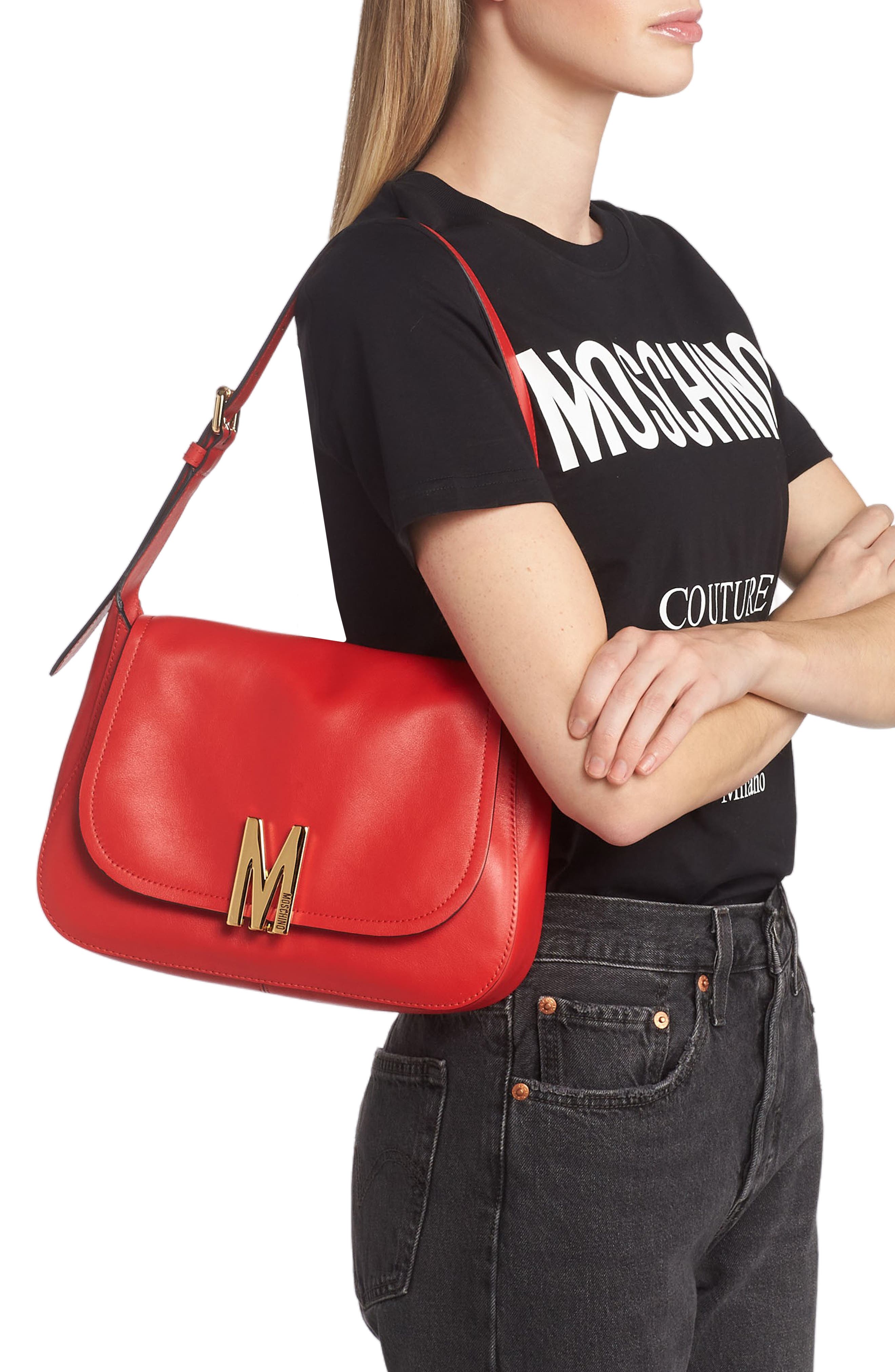 Moschino M Logo Leather Shoulder Bag, Alternate, color, 