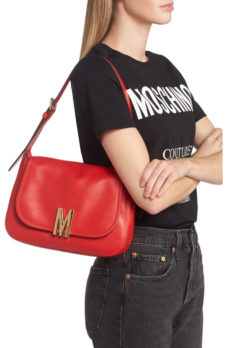 Moschino M Logo Leather Shoulder Bag, Alternate, color,