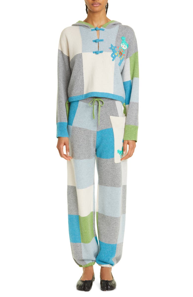 YanYan Embroidered Colorblock Check Wool Hooded Sweater, Alternate, color, 