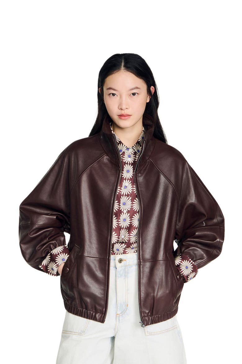 Oversized zip-up leather jacket, Alternate, color, Brown