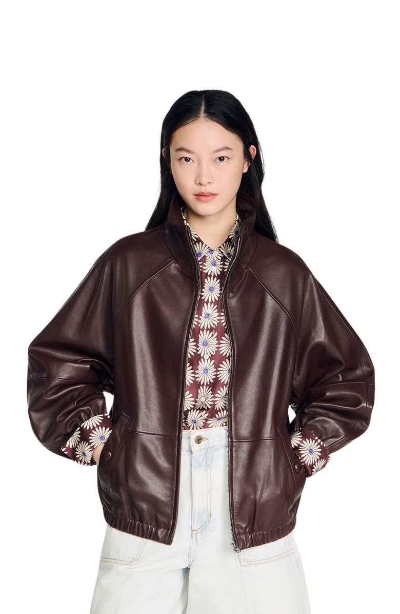 SANDRO Oversized zip-up leather jacket, Alternate, color, Brown