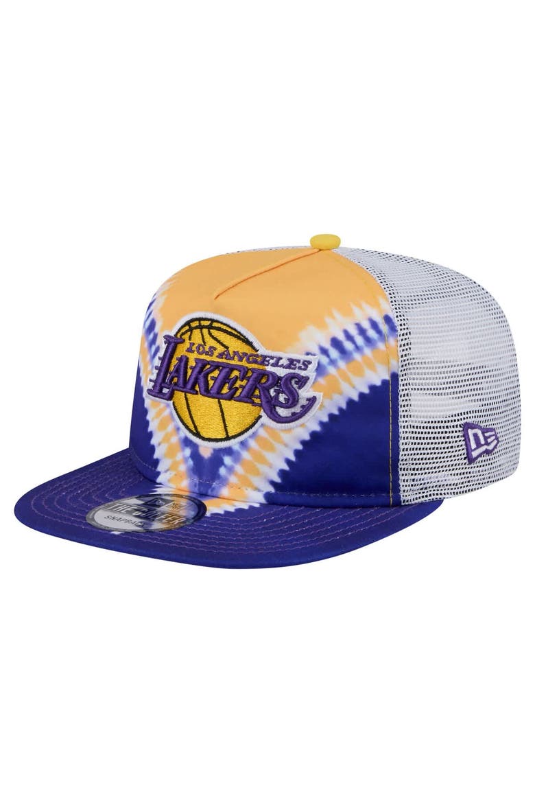 Men's New Era Purple/Gold Los Angeles Lakers Throwback Dye Golfer Snapback Hat, Main, color, Purple