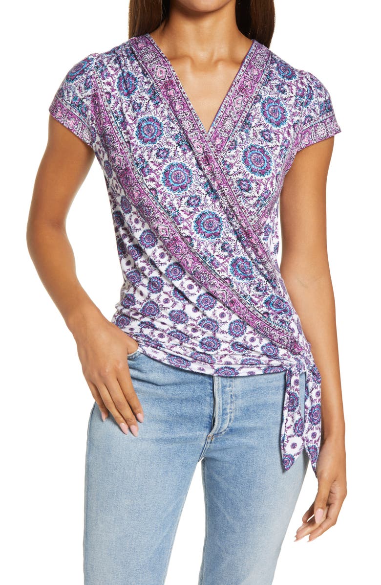 Loveappella Border Print Faux Wrap Top, Main, color,