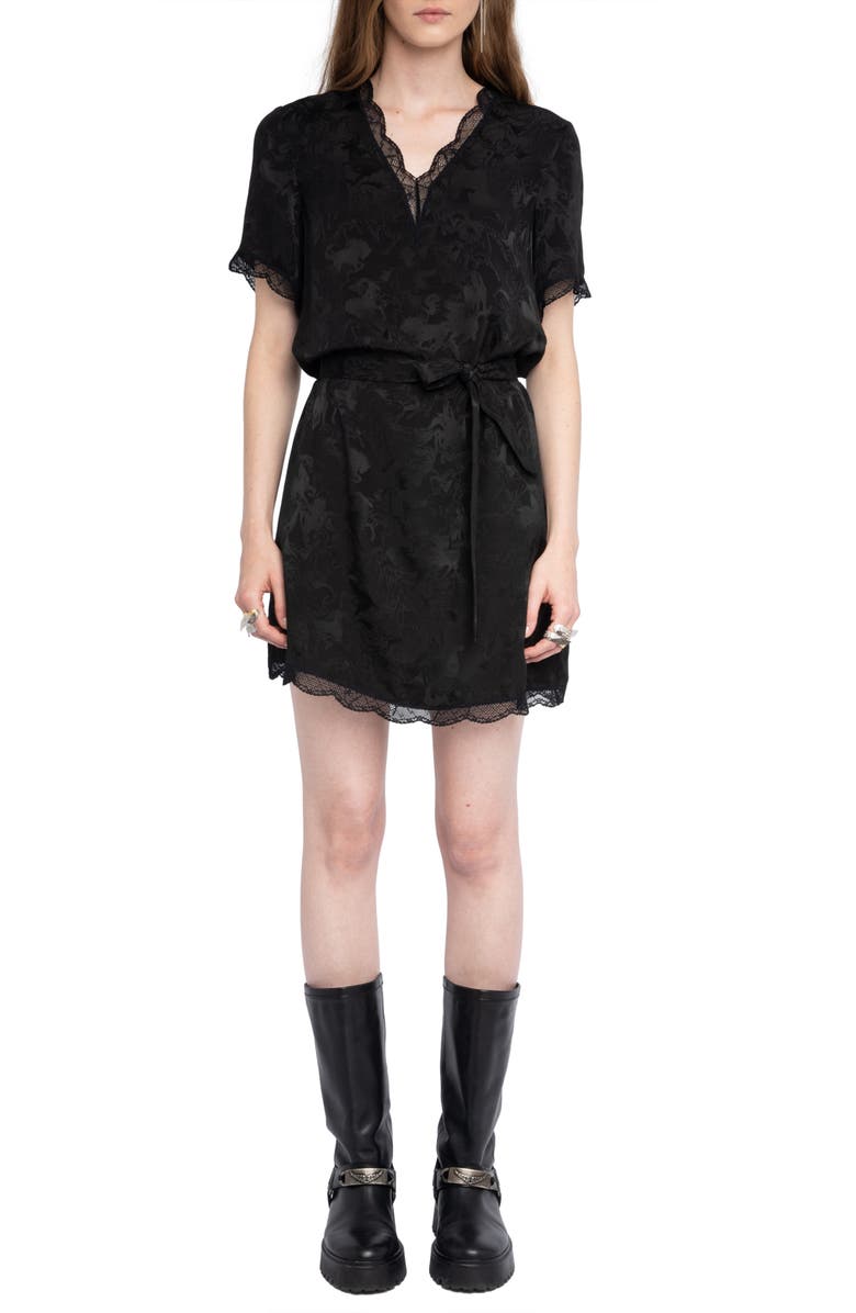 Zadig & Voltaire Rerzo Floral Jacquard Tie Waist Silk Minidress, Main, color, Black