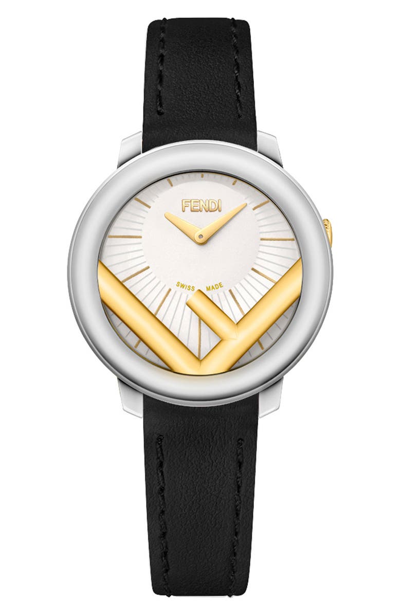 Fendi Run Away Swiss Quartz Leather Strap Watch, 28mm, Main, color, 
