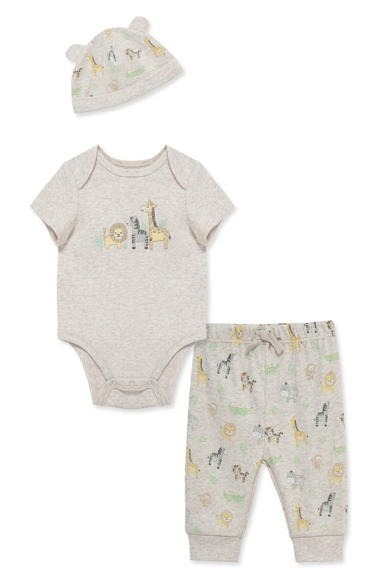 Little Me Jungle Bodysuit, Pants & Hat Set, Main, color, Grey Multi