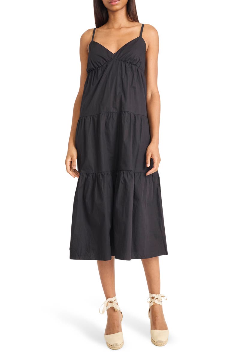 The Good Journey V-Neck Tiered Cotton Midi Dress, Main, color, Black Beauty